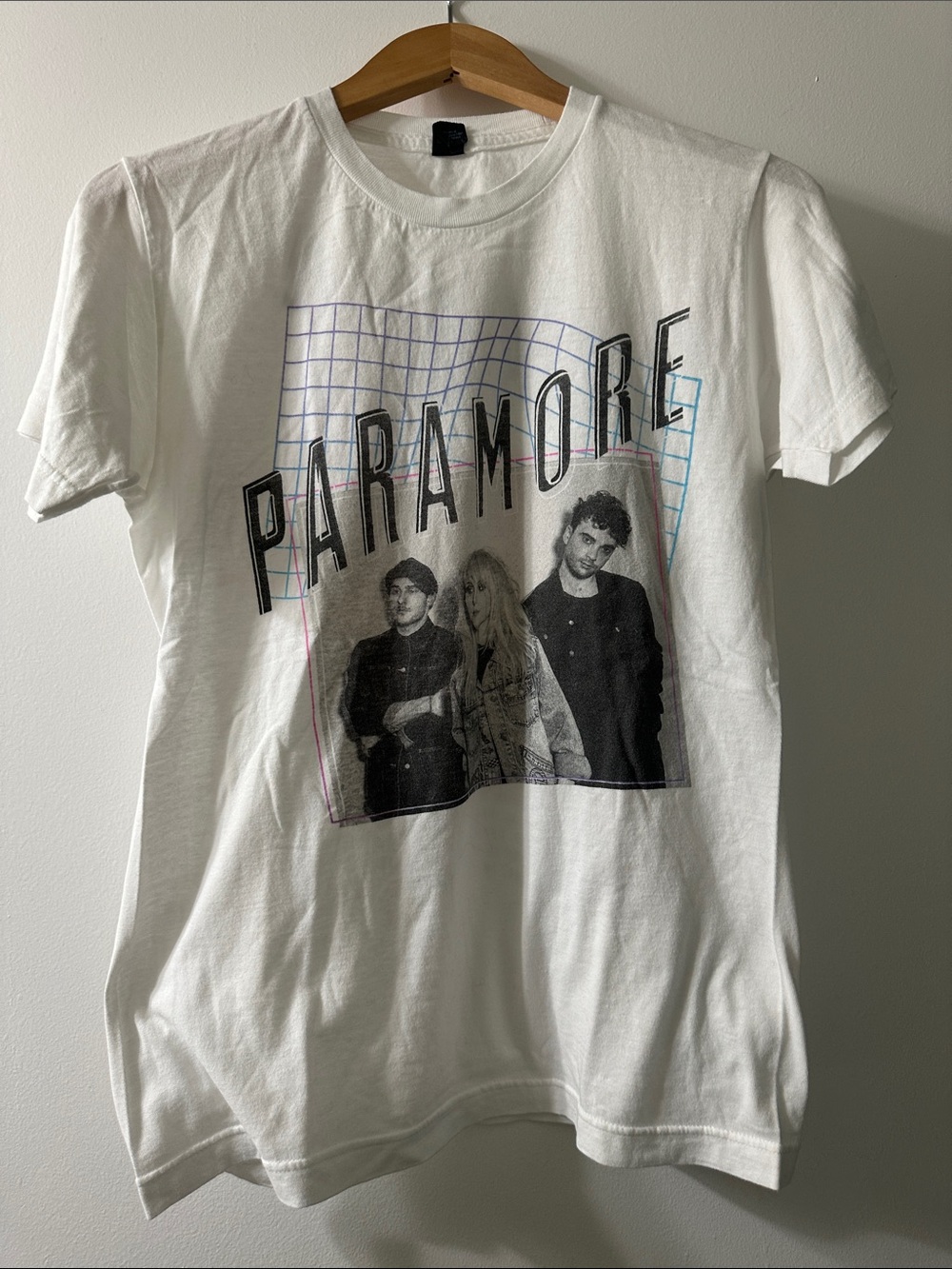 Tultex White Paramore Graphic Tee with Black Photo and Purple/Blue Grid